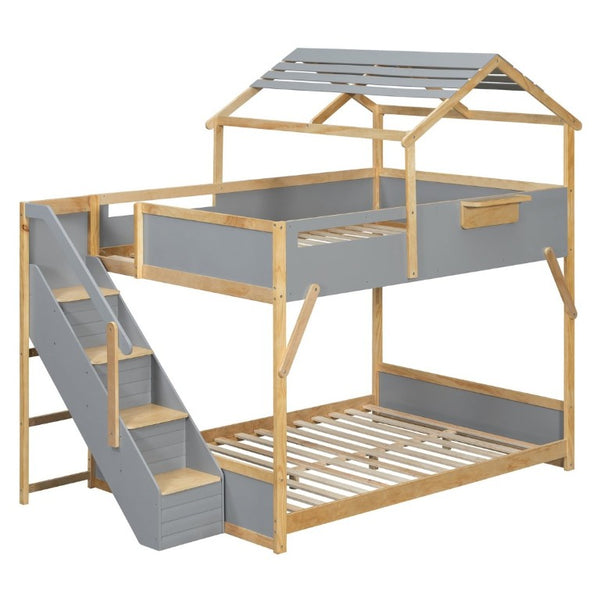 English Elm Full Over House Bunk Bed with Stair Access LED Lighting and Side Storage Gray LT000458AAE