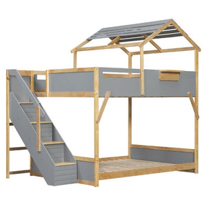 English Elm Full Over House Bunk Bed with Stair Access LED Lighting and Side Storage Gray LT000458AAE