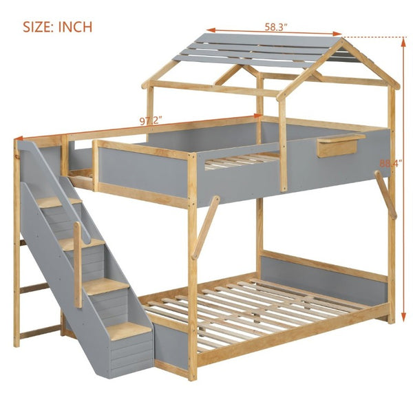 English Elm Full Over House Bunk Bed with Stair Access LED Lighting and Side Storage Gray LT000458AAE