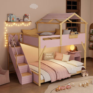 English Elm Full Over House Bunk Bed with Stair Access LED Lighting and Side Storage Pink LT000458AAH