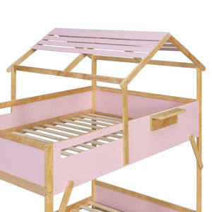 English Elm Full Over House Bunk Bed with Stair Access LED Lighting and Side Storage Pink LT000458AAH