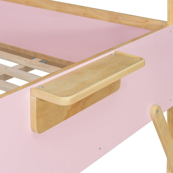 English Elm Full Over House Bunk Bed with Stair Access LED Lighting and Side Storage Pink LT000458AAH