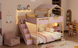 English Elm Full Over House Bunk Bed with Stair Access LED Lighting and Side Storage Pink LT000458AAH