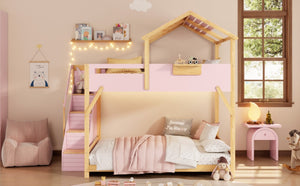 English Elm Full Over House Bunk Bed with Stair Access LED Lighting and Side Storage Pink LT000458AAH