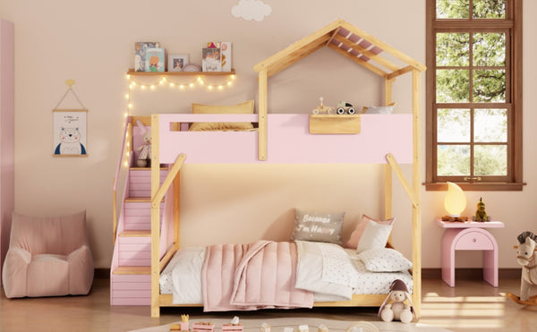 English Elm Full Over House Bunk Bed with Stair Access LED Lighting and Side Storage Pink LT000458AAH
