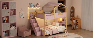 English Elm Full Over House Bunk Bed with Stair Access LED Lighting and Side Storage Pink LT000458AAH