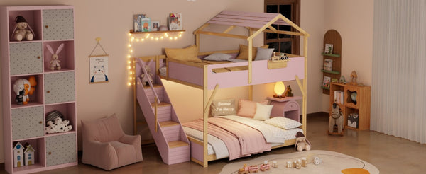 English Elm Full Over House Bunk Bed with Stair Access LED Lighting and Side Storage Pink LT000458AAH