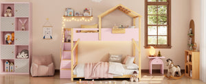 English Elm Full Over House Bunk Bed with Stair Access LED Lighting and Side Storage Pink LT000458AAH
