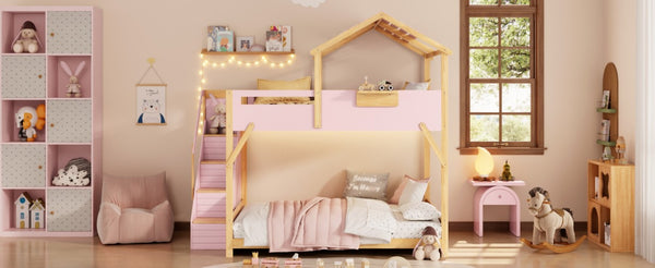 English Elm Full Over House Bunk Bed with Stair Access LED Lighting and Side Storage Pink LT000458AAH