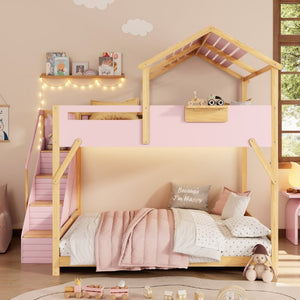 English Elm Full Over House Bunk Bed with Stair Access LED Lighting and Side Storage Pink LT000458AAH