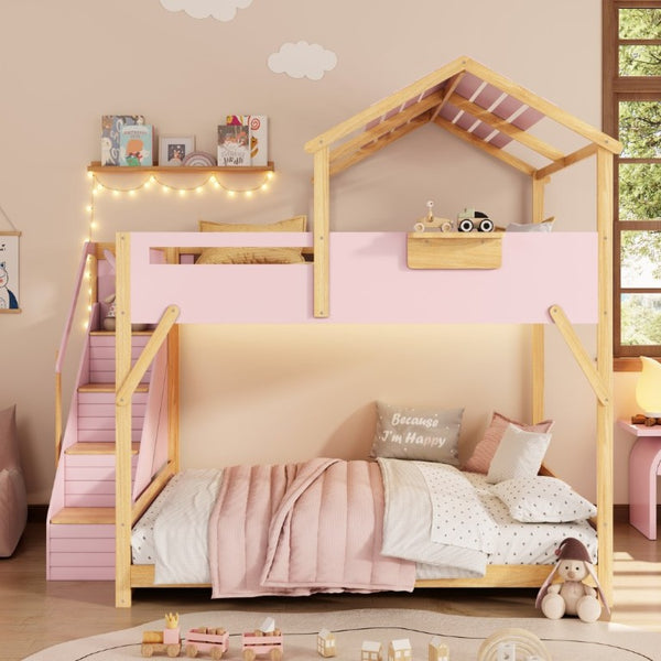 English Elm Full Over House Bunk Bed with Stair Access LED Lighting and Side Storage Pink LT000458AAH