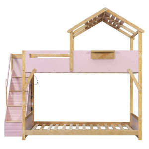 English Elm Full Over House Bunk Bed with Stair Access LED Lighting and Side Storage Pink LT000458AAH