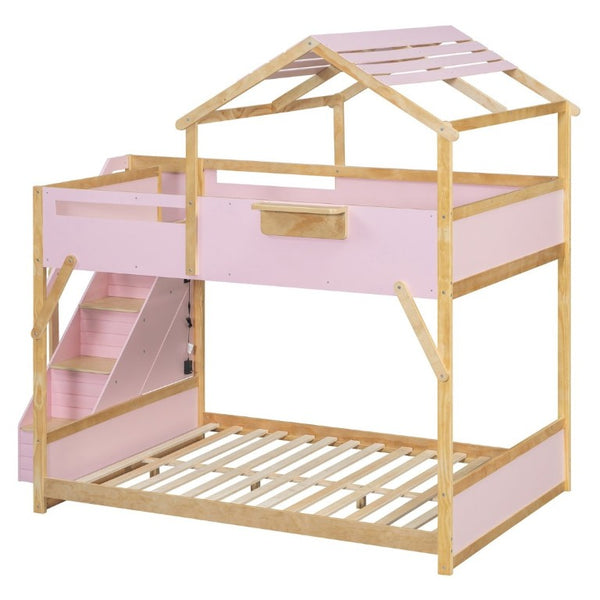English Elm Full Over House Bunk Bed with Stair Access LED Lighting and Side Storage Pink LT000458AAH