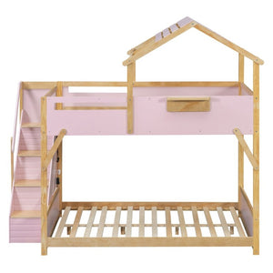 English Elm Full Over House Bunk Bed with Stair Access LED Lighting and Side Storage Pink LT000458AAH