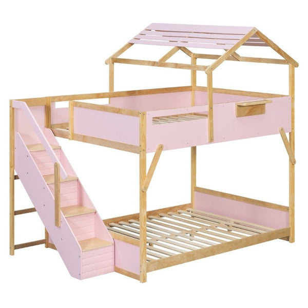 English Elm Full Over House Bunk Bed with Stair Access LED Lighting and Side Storage Pink LT000458AAH