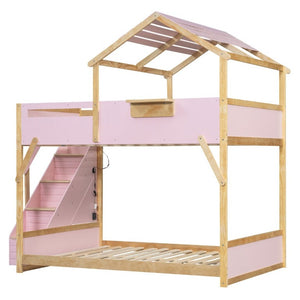 English Elm Full Over House Bunk Bed with Stair Access LED Lighting and Side Storage Pink LT000458AAH