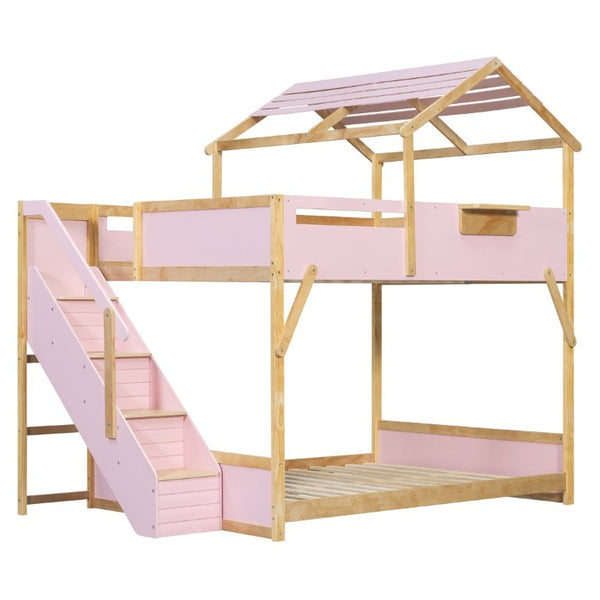 English Elm Full Over House Bunk Bed with Stair Access LED Lighting and Side Storage Pink LT000458AAH