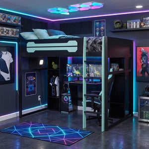 English Elm Full-Size Gaming Loft Bed with RGB Lighting Desk Wardrobe and USB Charging Hub Black+Blue LT000459AAC