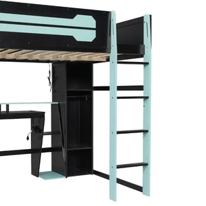 English Elm Full-Size Gaming Loft Bed with RGB Lighting Desk Wardrobe and USB Charging Hub Black+Blue LT000459AAC