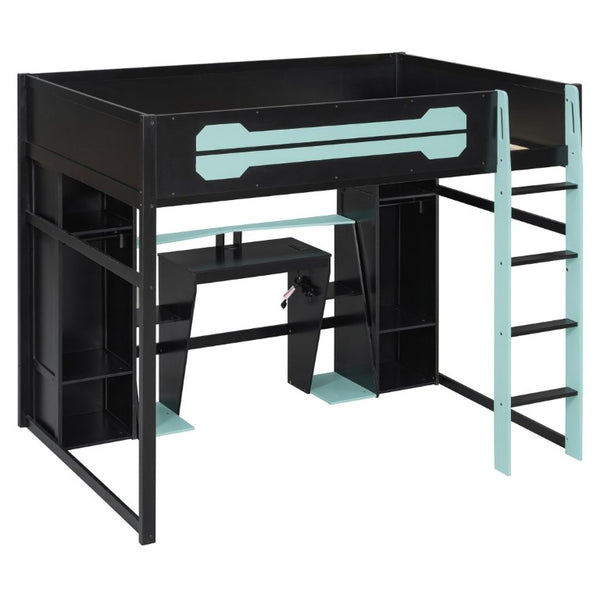 English Elm Full-Size Gaming Loft Bed with RGB Lighting Desk Wardrobe and USB Charging Hub Black+Blue LT000459AAC