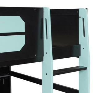 English Elm Full-Size Gaming Loft Bed with RGB Lighting Desk Wardrobe and USB Charging Hub Black+Blue LT000459AAC