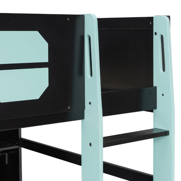 English Elm Full-Size Gaming Loft Bed with RGB Lighting Desk Wardrobe and USB Charging Hub Black+Blue LT000459AAC