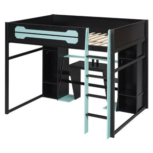 English Elm Full-Size Gaming Loft Bed with RGB Lighting Desk Wardrobe and USB Charging Hub Black+Blue LT000459AAC