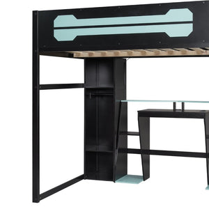 English Elm Full-Size Gaming Loft Bed with RGB Lighting Desk Wardrobe and USB Charging Hub Black+Blue LT000459AAC