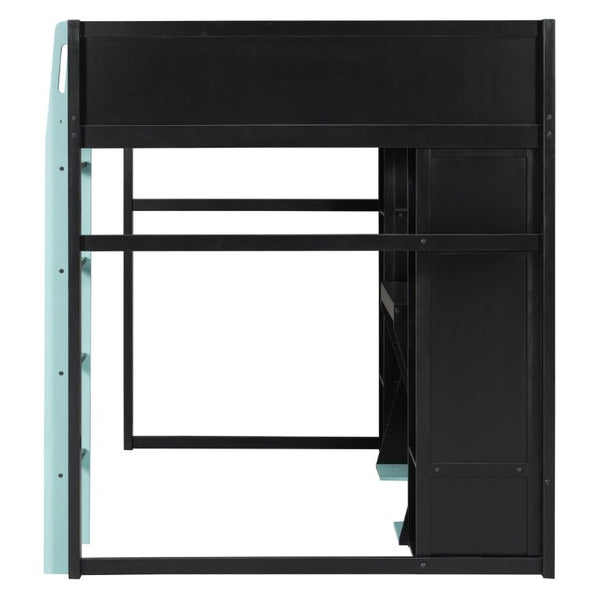 English Elm Full-Size Gaming Loft Bed with RGB Lighting Desk Wardrobe and USB Charging Hub Black+Blue LT000459AAC
