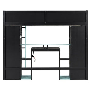 English Elm Full-Size Gaming Loft Bed with RGB Lighting Desk Wardrobe and USB Charging Hub Black+Blue LT000459AAC