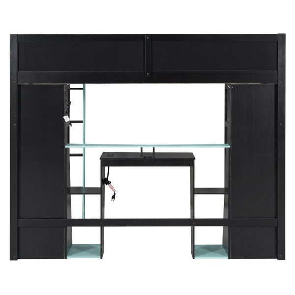 English Elm Full-Size Gaming Loft Bed with RGB Lighting Desk Wardrobe and USB Charging Hub Black+Blue LT000459AAC