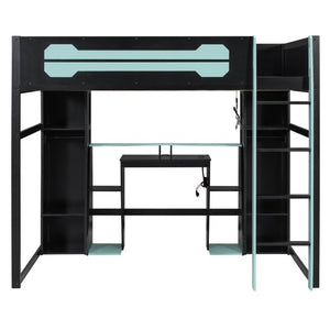 English Elm Full-Size Gaming Loft Bed with RGB Lighting Desk Wardrobe and USB Charging Hub Black+Blue LT000459AAC