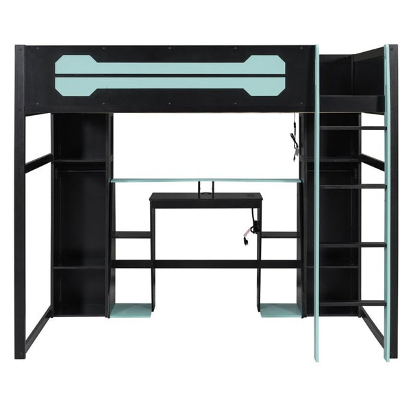 English Elm Full-Size Gaming Loft Bed with RGB Lighting Desk Wardrobe and USB Charging Hub Black+Blue LT000459AAC