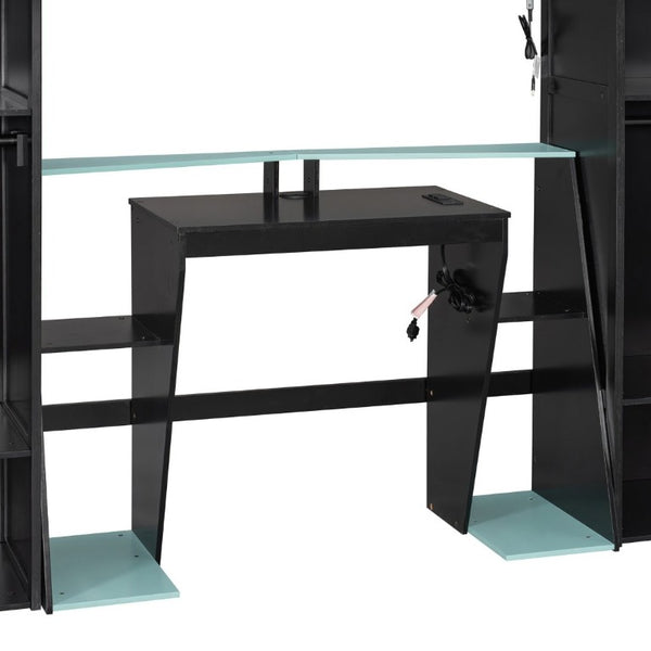 English Elm Full-Size Gaming Loft Bed with RGB Lighting Desk Wardrobe and USB Charging Hub Black+Blue LT000459AAC
