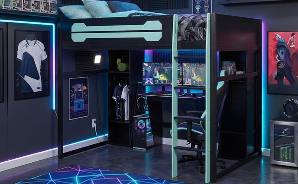 English Elm Full-Size Gaming Loft Bed with RGB Lighting Desk Wardrobe and USB Charging Hub Black+Blue LT000459AAC