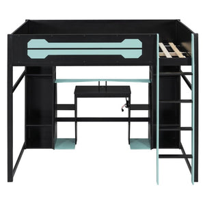 English Elm Full-Size Gaming Loft Bed with RGB Lighting Desk Wardrobe and USB Charging Hub Black+Blue LT000459AAC