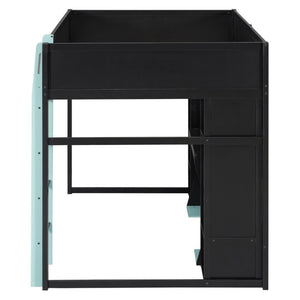 English Elm Full-Size Gaming Loft Bed with RGB Lighting Desk Wardrobe and USB Charging Hub Black+Blue LT000459AAC