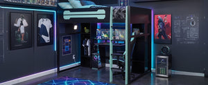 English Elm Full-Size Gaming Loft Bed with RGB Lighting Desk Wardrobe and USB Charging Hub Black+Blue LT000459AAC