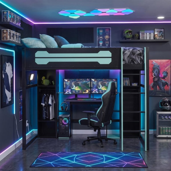 English Elm Full-Size Gaming Loft Bed with RGB Lighting Desk Wardrobe and USB Charging Hub Black+Blue LT000459AAC