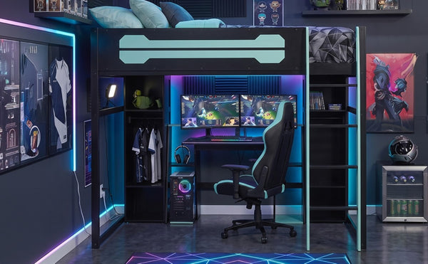 English Elm Full-Size Gaming Loft Bed with RGB Lighting Desk Wardrobe and USB Charging Hub Black+Blue LT000459AAC