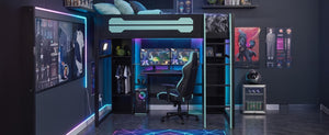 English Elm Full-Size Gaming Loft Bed with RGB Lighting Desk Wardrobe and USB Charging Hub Black+Blue LT000459AAC