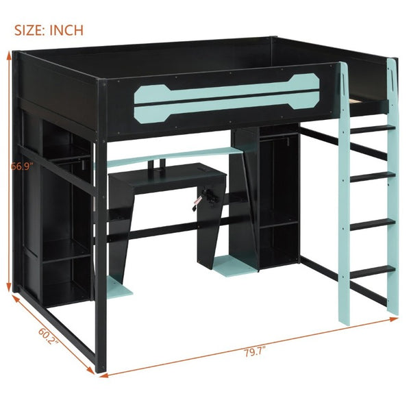 English Elm Full-Size Gaming Loft Bed with RGB Lighting Desk Wardrobe and USB Charging Hub Black+Blue LT000459AAC
