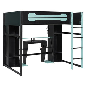 English Elm Full-Size Gaming Loft Bed with RGB Lighting Desk Wardrobe and USB Charging Hub Black+Blue LT000459AAC