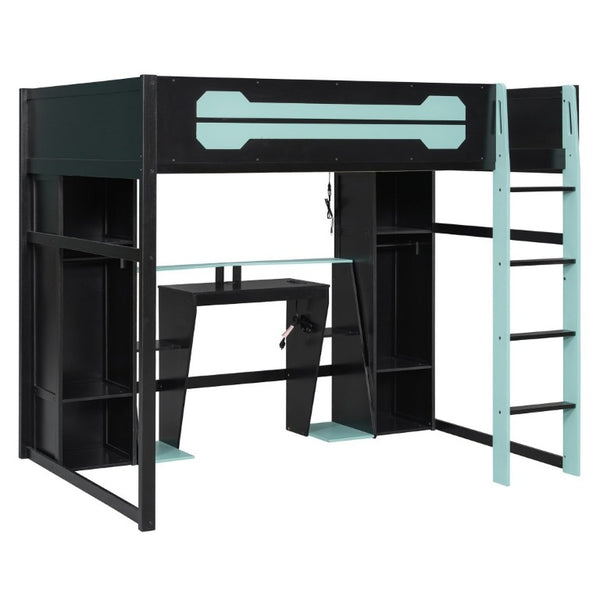 English Elm Full-Size Gaming Loft Bed with RGB Lighting Desk Wardrobe and USB Charging Hub Black+Blue LT000459AAC