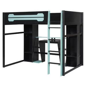 English Elm Full-Size Gaming Loft Bed with RGB Lighting Desk Wardrobe and USB Charging Hub Black+Blue LT000459AAC