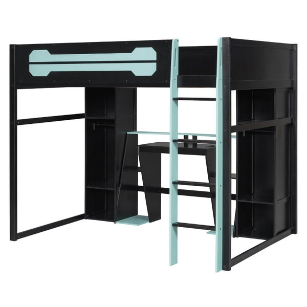 English Elm Full-Size Gaming Loft Bed with RGB Lighting Desk Wardrobe and USB Charging Hub Black+Blue LT000459AAC