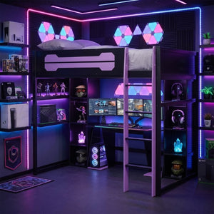 English Elm Full-Size Gaming Loft Bed with RGB Lighting Desk Wardrobe and USB Charging Hub Purple LT000459AAI