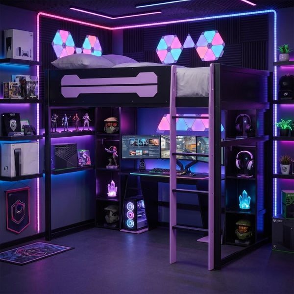 English Elm Full-Size Gaming Loft Bed with RGB Lighting Desk Wardrobe and USB Charging Hub Purple LT000459AAI