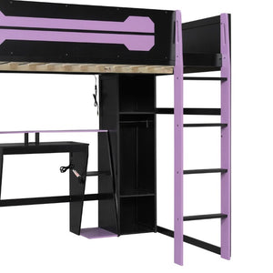 English Elm Full-Size Gaming Loft Bed with RGB Lighting Desk Wardrobe and USB Charging Hub Purple LT000459AAI
