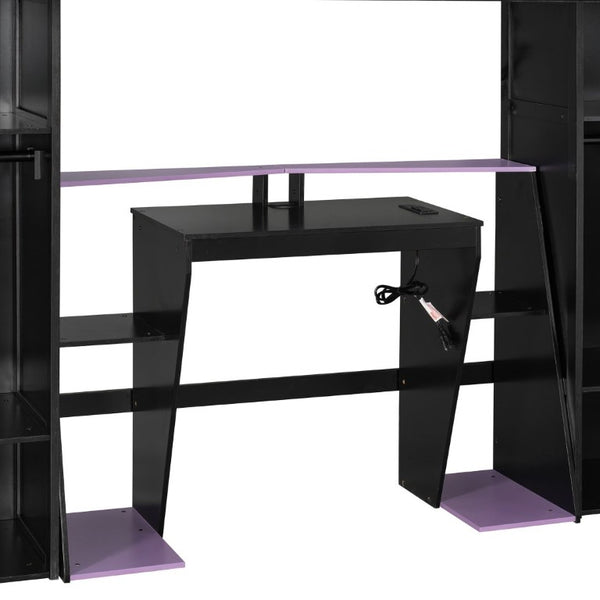 English Elm Full-Size Gaming Loft Bed with RGB Lighting Desk Wardrobe and USB Charging Hub Purple LT000459AAI